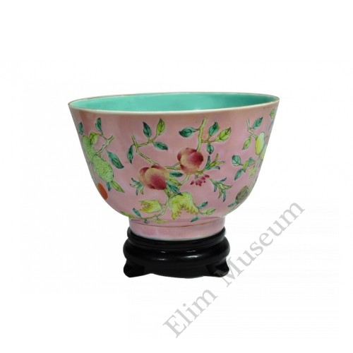1084 A  pink glaze bowl with auspicious symbols of fruits